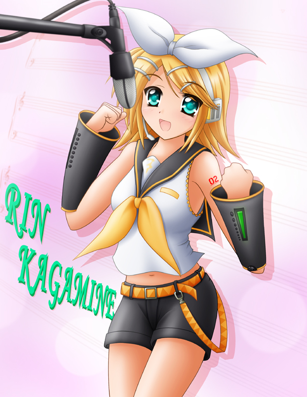yamaguchi ugou, kagamine rin, vocaloid, 1girl, blonde hair, detached sleeves, female focus, microphone, solo