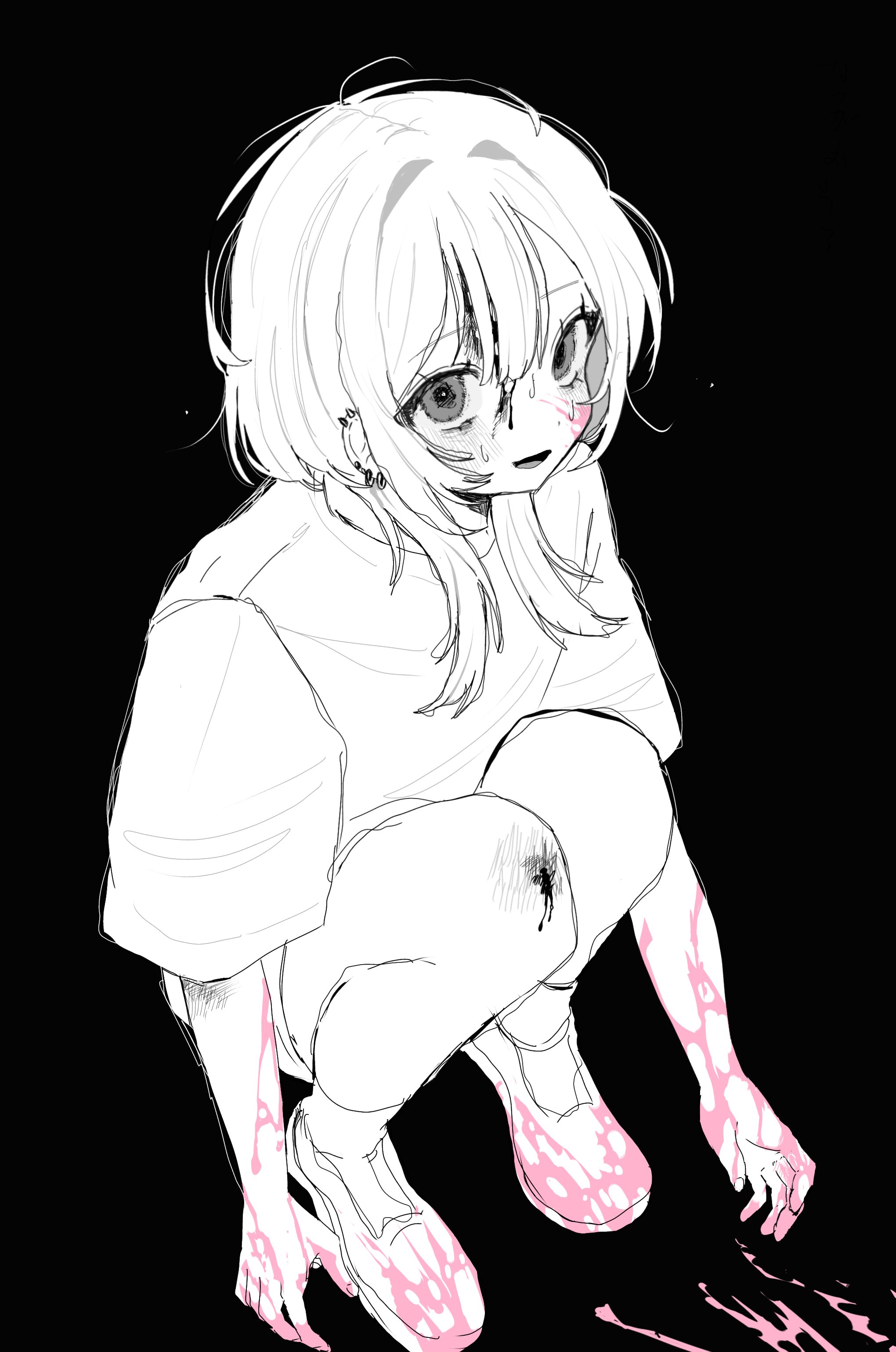 hanataro (sruvhqkehy1zied), original, absurdres, highres, 1girl, black background, blood, blood on face, blood on hands, blood on shoes, full body, grey eyes, greyscale, hair between eyes, hair intakes, lower teeth only, medium hair, monochrome, open mouth, pink blood, shirt, short sleeves, sidelocks, simple background, smile, solo, squatting, teeth, white shirt