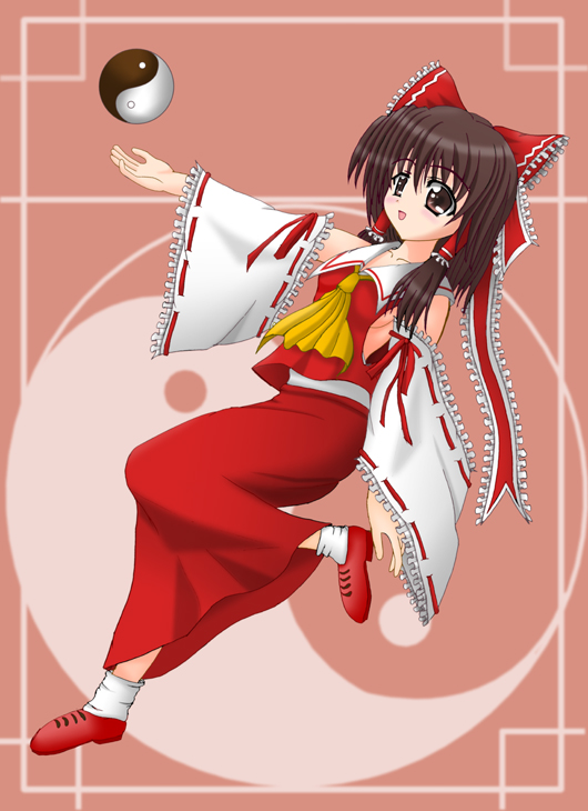 yamaguchi ugou, hakurei reimu, touhou, 1girl, ascot, bow, brown eyes, brown hair, detached sleeves, female focus, frills, full body, hair bow, hair tubes, red bow, red shoes, red skirt, ribbon-trimmed sleeves, ribbon trim, shoes, simple background, skirt, skirt set, socks, solo, vest, white socks, yin yang