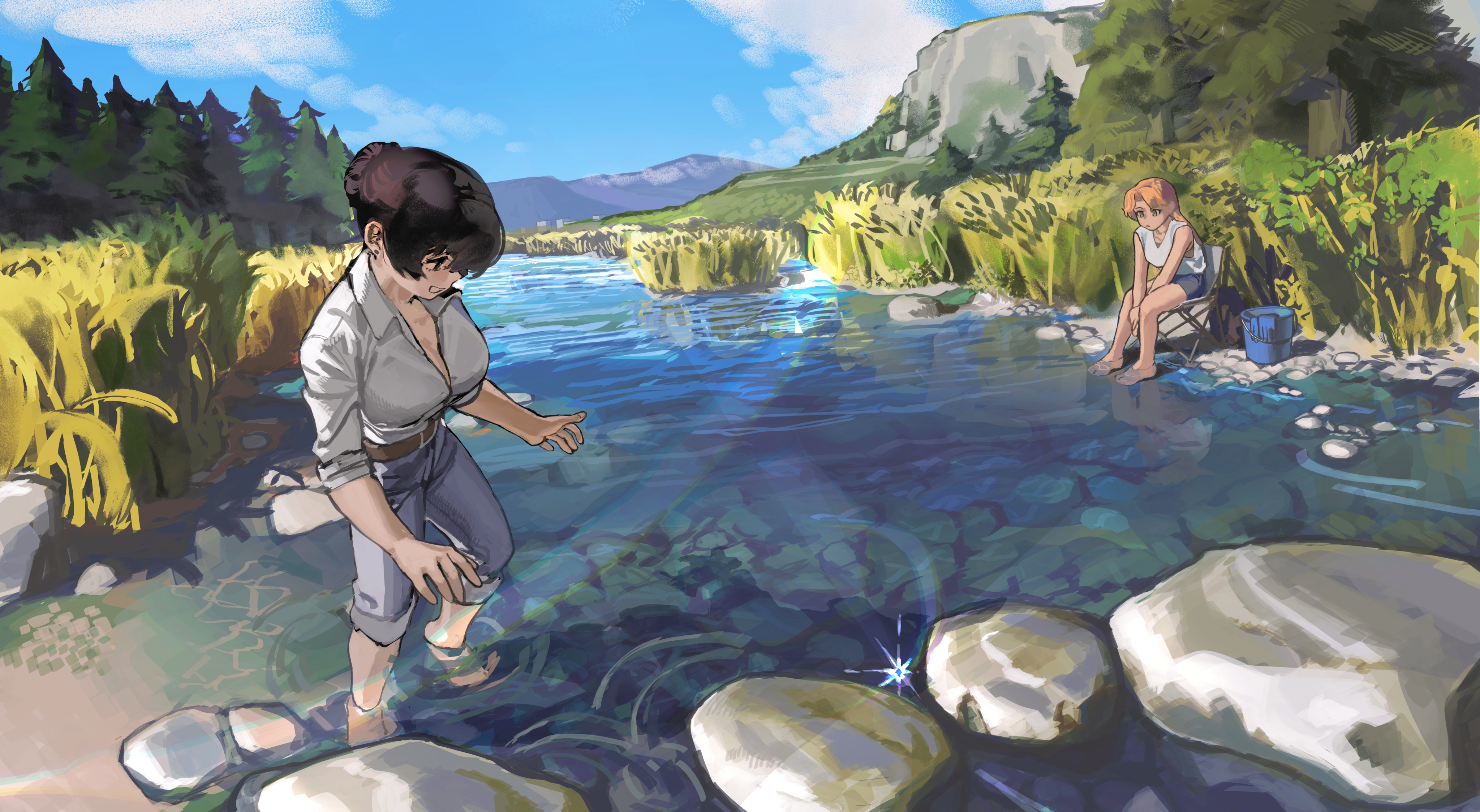 cloud nine (798392138), arato nagi, tanigawa ruri, ruri no houseki, absurdres, highres, 2girls, barefoot, belt, black hair, blue pants, bucket, chair, collared shirt, day, denim, folding chair, grass, hair bun, jeans, landscape, lens flare, mountain, multiple girls, nature, orange hair, outdoors, pants, river, scenery, shirt, shorts, sitting, standing, tree, wading, white shirt