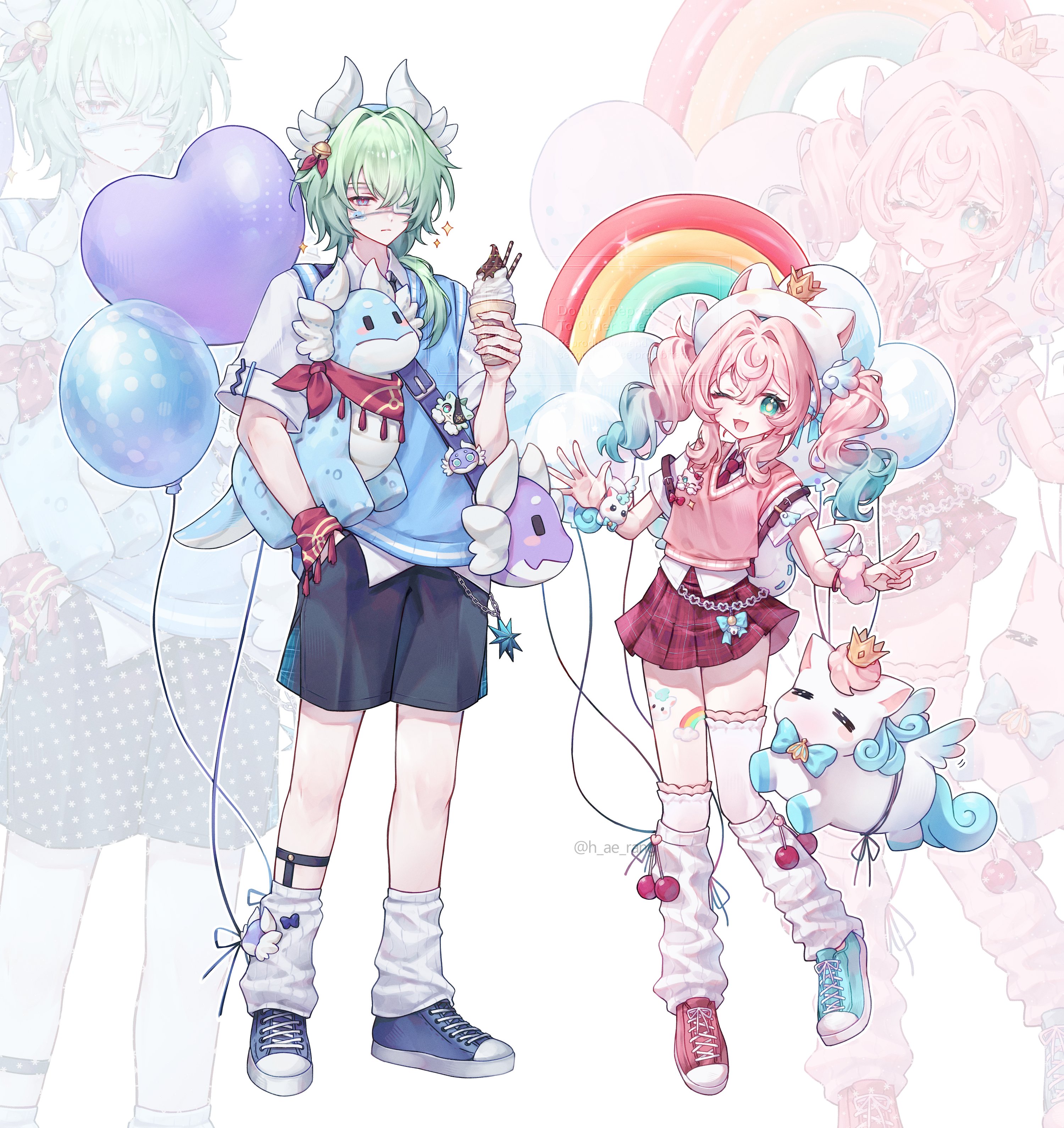 h ae rang, anaxa (honkai: star rail), hyacine (honkai: star rail), honkai: star rail, honkai (series), absurdres, highres, 1boy, 1girl, alternate costume, aqua eyes, aqua hair, aqua shoes, black shorts, blue shoes, blue vest, casual, eyepatch, food, full body, holding, holding food, holding ice cream, holding stuffed toy, ice cream, leg warmers, long hair, looking at viewer, medical eyepatch, medium hair, mismatched shoes, multicolored hair, one eye closed, open mouth, pink hair, pink vest, rainbow, red shoes, red skirt, shirt, shoes, shorts, skirt, smile, stuffed toy, twintails, two-tone hair, v, vest, white background, white shirt, yellow pupils