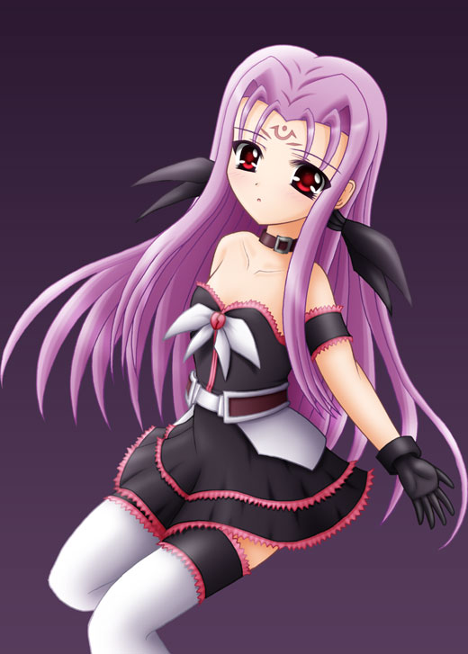 yamaguchi ugou, asclepius (nanoha), lutecia, lutecia alpine, lyrical nanoha, mahou shoujo lyrical nanoha, mahou shoujo lyrical nanoha strikers, 00s, 1girl, armlet, bare shoulders, black dress, black ribbon, breasts, choker, cleavage, collarbone, dress, female focus, hair ribbon, jewelry, long hair, looking at viewer, parted bangs, red eyes, ribbon, small breasts, solo, strapless, strapless dress, tattoo, thighhighs, very long hair, white thighhighs, zettai ryouiki