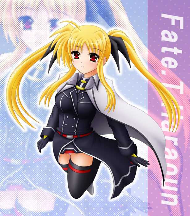 yamaguchi ugou, fate testarossa, fate testarossa (impulse form), lyrical nanoha, mahou shoujo lyrical nanoha, mahou shoujo lyrical nanoha strikers, 00s, blonde hair, cape, long hair, red eyes, solo, thighhighs, twintails, very long hair, zettai ryouiki