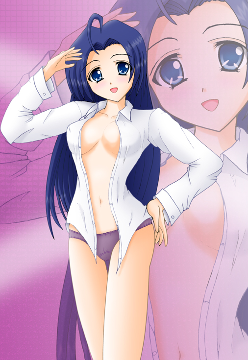yamaguchi ugou, miura azusa, idolmaster, idolmaster (classic), idolmaster 1, idolmaster xenoglossia, 00s, 1girl, ahoge, blue eyes, blue hair, breasts, cleavage, dress shirt, female focus, matching hair/eyes, medium breasts, open clothes, open shirt, panties, shirt, solo, underwear, zoom layer