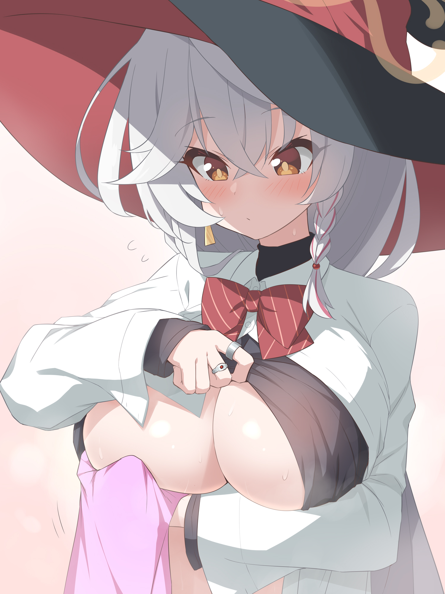 hoppege, eri (blue archive), blue archive, commentary request, highres, 1girl, black hat, bow, bowtie, breasts, grey hair, hair between eyes, halo, hat, jewelry, large breasts, long hair, long sleeves, multiple rings, red bow, red bowtie, ring, shirt, solo, upper body, white shirt, witch hat, yellow eyes, yellow halo