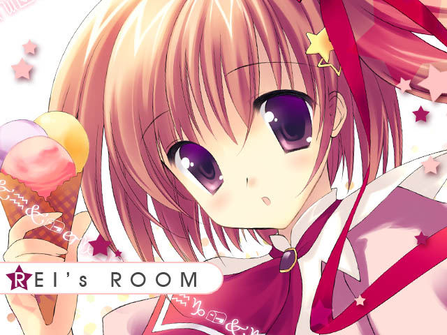 rei (artist), rei (rei's room), 1girl, female focus, food, ice cream, necktie, pink hair, purple eyes, short hair, side ponytail, solo, star (symbol), white background