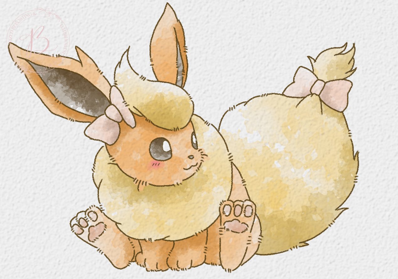 baya (sakura mint), flareon, nintendo, pokemon, animal focus, blush, bow, closed mouth, ear bow, full body, gen 1 pokemon, neck fur, no humans, orange fur, pink bow, pokemon (creature), pokemon focus, simple background, smile, solo, tail, tail bow, tail ornament, yellow fur