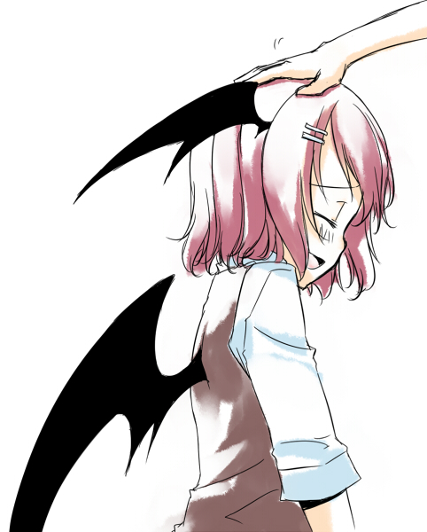 sakuraba yuuki, koakuma, embodiment of scarlet devil, touhou, 1girl, :d, alternate hairstyle, bat wings, closed eyes, female focus, hair ornament, hairclip, happy, head pat, head wings, headpat, open mouth, short hair, smile, solo focus, vest, wings