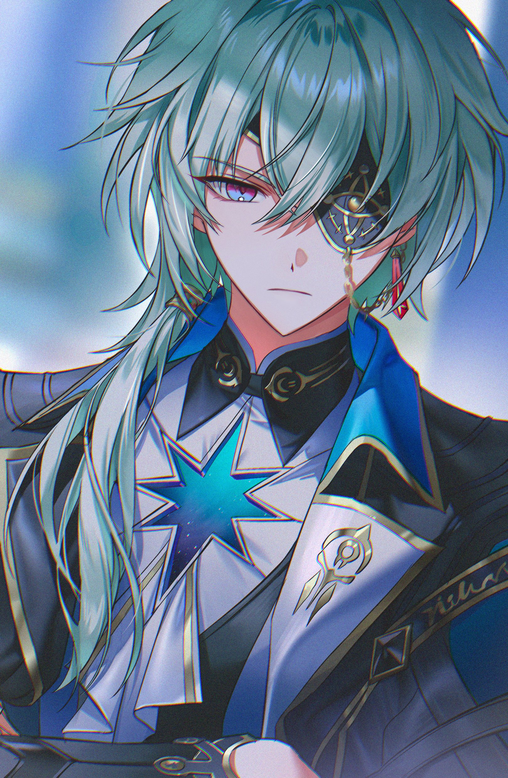 hsr kkgru, anaxa (honkai: star rail), honkai: star rail, honkai (series), absurdres, highres, 1boy, aqua hair, ascot, black jacket, blue eyes, chain, closed mouth, crossed arms, earrings, eyepatch, gem, hair between eyes, hair intakes, jacket, jewelry, lapels, looking at viewer, male focus, mandarin collar, medium hair, multicolored eyes, notched lapels, one eye covered, pink eyes, red gemstone, shirt, side ponytail, single earring, solo, two-tone eyes, white ascot, white shirt