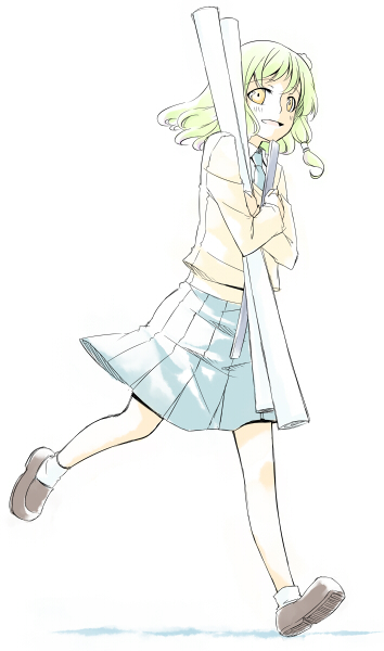 sakuraba yuuki, kochiya sanae, touhou, 1girl, brown shoes, female focus, frog hair ornament, full body, green hair, hair ornament, long sleeves, running, school uniform, shoes, simple background, skirt, socks, solo, white background, white socks, yellow eyes