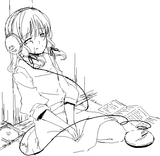 sakuraba yuuki, hakurei reimu, moriya suwako, touhou, 1girl, cd player, cd walkman, female focus, greyscale, headphones, monochrome, oekaki, solo, tears