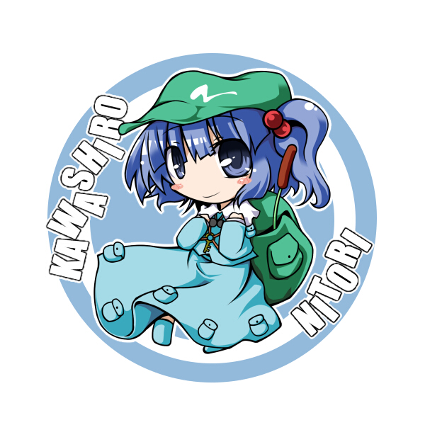take tonbo, kawashiro nitori, touhou, 1girl, backpack, bag, blue dress, blue eyes, blue hair, blush, character name, chibi, closed mouth, collar, dress, female focus, flat cap, full body, hair bobbles, hair ornament, hat, key, long sleeves, looking at viewer, matching hair/eyes, sitting, smile, solo, two side up