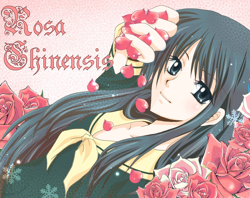 mekimeki, ogasawara sachiko, maria-sama ga miteru, 00s, 1girl, black hair, black serafuku, blue eyes, blush, closed mouth, collarbone, eyelashes, female focus, flower, foreshortening, green eyes, long hair, looking at viewer, petals, rose, sailor collar, school uniform, serafuku, smile, solo, upper body, very long hair