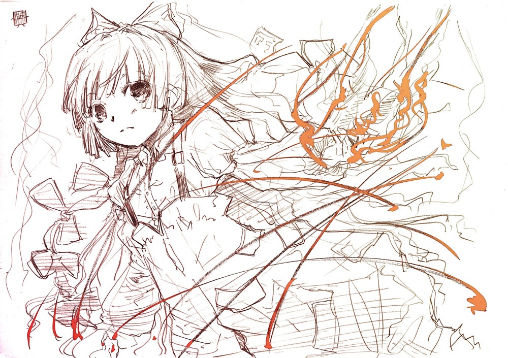 yuu (kfc), fujiwara no mokou, touhou, 1girl, female focus, monochrome, sketch, solo, spot color