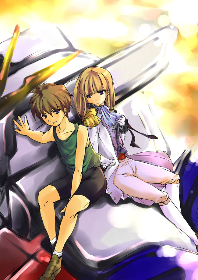 yu yu, heero yuy, relena peacecraft, wing gundam, gundam, gundam wing, 1990s (style), ascot, brown hair, epaulettes, gloves, long hair, mecha, retro artstyle, robot, short hair, shorts