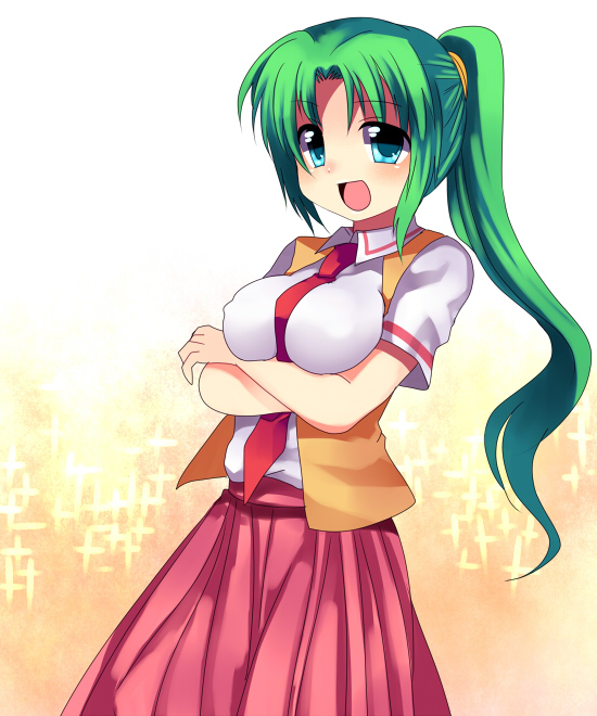 subaru (yachika), sonozaki mion, higurashi no naku koro ni, 00s, 1girl, :d, belt, between breasts, blue eyes, blush, breasts, crossed arms, female focus, green hair, large breasts, looking at viewer, necktie, open mouth, pleated skirt, ponytail, red necktie, red skirt, shirt, short sleeves, skirt, smile, solo, white shirt