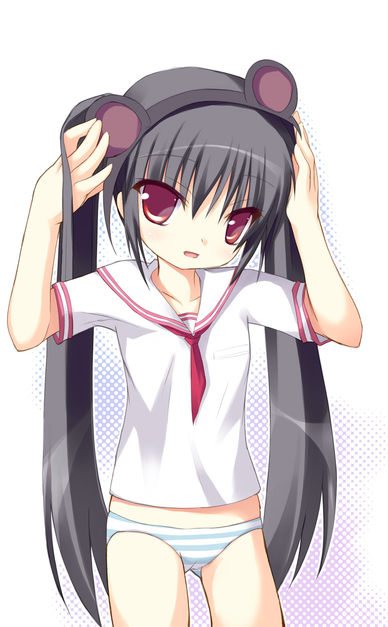 safi, kooh (pangya), pangya, highres, animal ears, mouse ears, panties, solo, striped clothes, striped panties, underwear