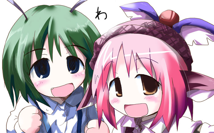 morogami ryou, mystia lorelei, wriggle nightbug, touhou, 2girls, antennae, blue eyes, fang, female focus, green hair, multiple girls, pink hair, yellow eyes