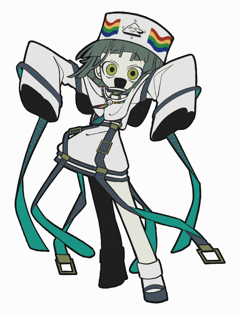p (xop 7i), momose amane, milgram, 1girl, a-pose, asymmetrical bangs, blunt bangs, full body, green eyes, green hair, hands up, jacket, looking at viewer, open mouth, pillbox hat, restraints, short bangs, short hair, simple background, sleeves past fingers, sleeves past wrists, smile, solo, straitjacket, white background, white jacket, wide-eyed, wide sleeves
