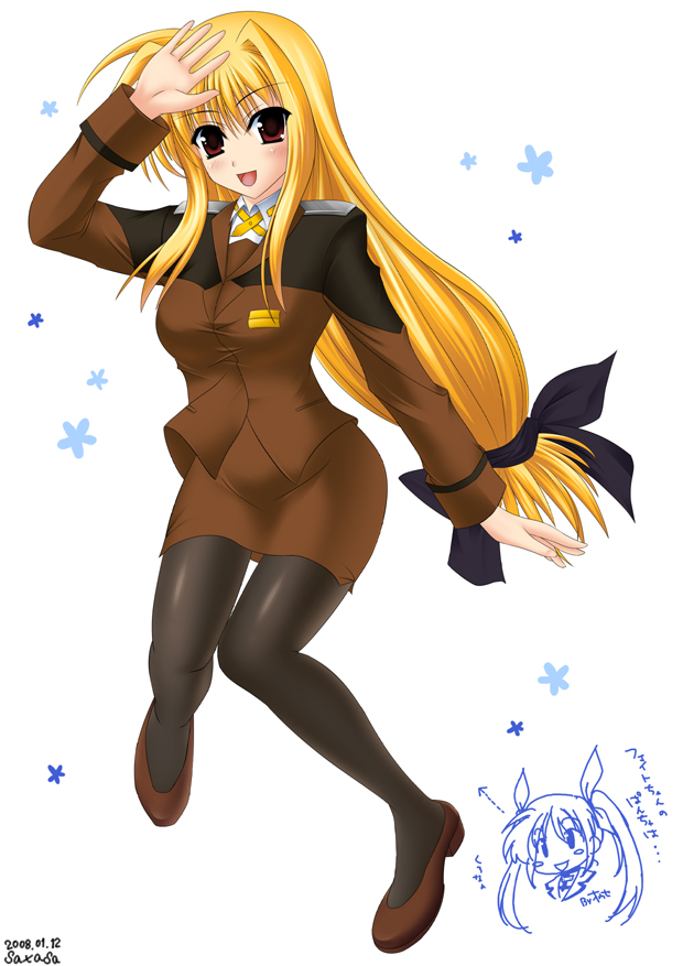 saxasa kisuk, fate testarossa, lyrical nanoha, mahou shoujo lyrical nanoha, mahou shoujo lyrical nanoha strikers, bad id, bad pixiv id, 00s, 1girl, 2008, artist name, blonde hair, dated, female focus, long hair, low-tied long hair, military, military uniform, pantyhose, red eyes, signature, solo, very long hair