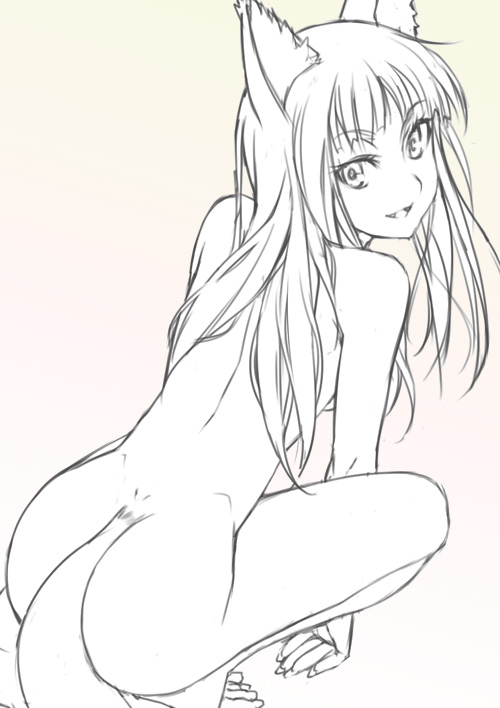 mizuki makoto, holo, spice and wolf, unfinished, 00s, animal ears, barefoot, fang, greyscale, looking back, monochrome, nude, smile, solo, tail, wolf ears, wolf tail