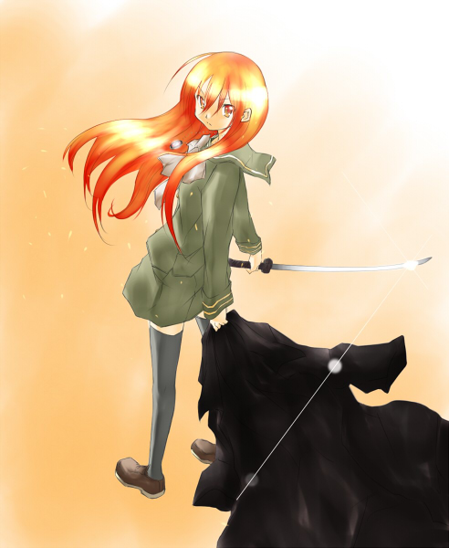 hamao, shana, shakugan no shana, 00s, red hair, school uniform, serafuku, solo, thighhighs