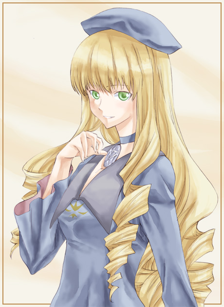 takano natsuki, adilisia lenn mathers, rental magica, uniform, 00s, 1girl, beret, blonde hair, blunt bangs, blush, drill hair, female focus, finger to mouth, green eyes, hat, long hair, long sleeves, solo, thinking, very long hair