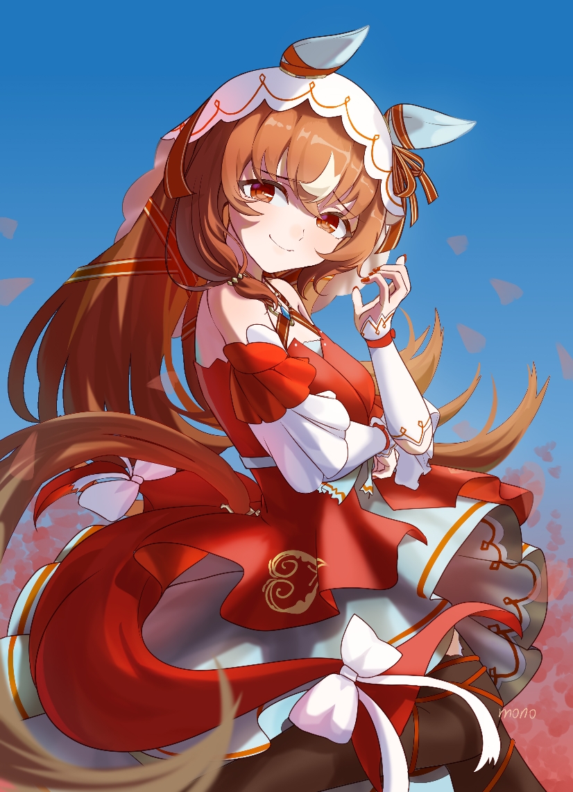 mono (fnkj2557), still in love (umamusume), umamusume, 1girl, animal ears, black pantyhose, blush, brown hair, closed mouth, dress, hair between eyes, horse ears, horse girl, horse tail, long hair, looking at viewer, off-shoulder dress, off shoulder, pantyhose, red dress, red eyes, red nails, sidelocks, smile, solo, tail, veil, white sleeves, white veil