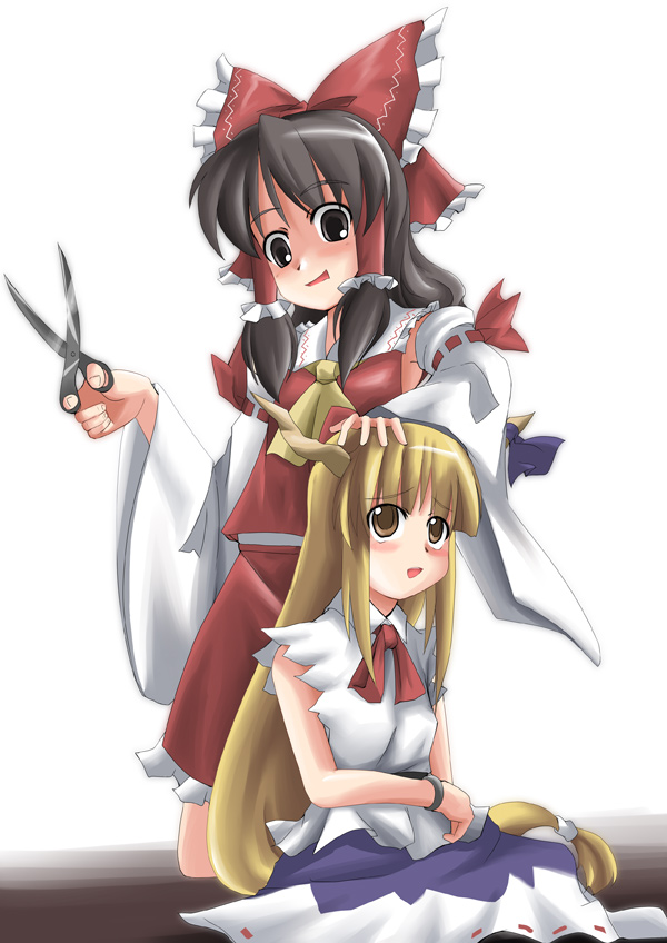nodoka (artist), hakurei reimu, ibuki suika, touhou, black legwear, eyebrows, 2girls, ascot, black hair, blonde hair, blush, bow, bracelet, brown eyes, detached sleeves, female focus, hair bow, hair tubes, hand on another's head, horns, japanese clothes, jewelry, kneeling, miko, multiple girls, oni, open mouth, red bow, red skirt, ribbon-trimmed sleeves, ribbon trim, scissors, simple background, sitting, skirt, skirt set, sleeveless, vest, white background, wide sleeves