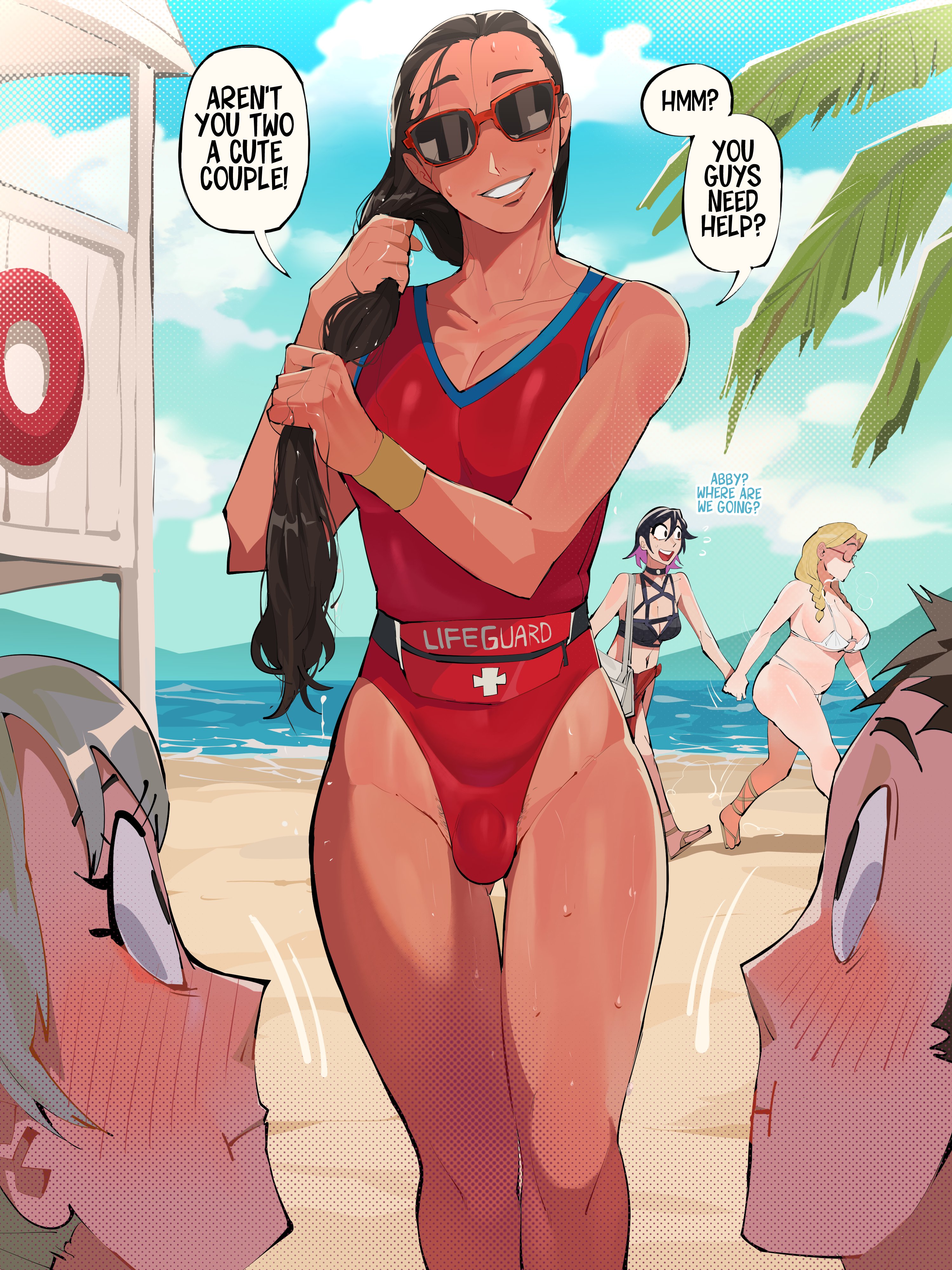 diforland, abby (diforland), lydia (diforland), original, absurdres, highres, 5girls, beach, bikini, black hair, blonde hair, blush, bulge, day, english text, futanari, grey hair, multiple girls, one-piece swimsuit, outdoors, palm tree, plump, red one-piece swimsuit, speech bubble, sunglasses, swimsuit, tree, white bikini