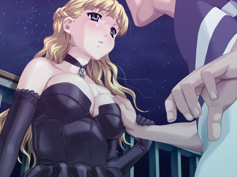 happoubi jin, ichijo daisuke, tsukushino mitsugu, resort boin, game cg, 00s, 1boy, 1girl, assertive female, bare shoulders, blonde hair, blush, breasts, choker, cleavage, dress, elbow gloves, flustered, gloves, grabbing another's breast, groping, guided breast grab, guiding hand, hetero, large breasts, long hair, parted lips, railing, solo focus