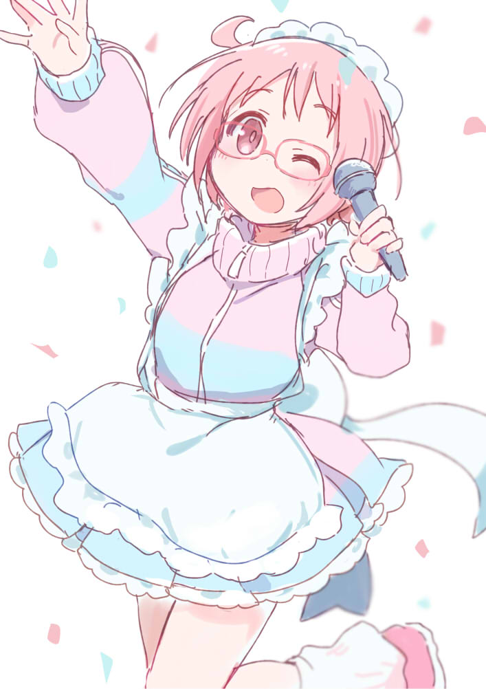 tatsunokosso, nonohara yuzuko, yuyushiki, 1girl, :d, ahoge, apron, arm up, blush, confetti, cowboy shot, glasses, holding, holding microphone, jersey maid, leg up, long sleeves, looking at viewer, maid, maid headdress, microphone, one eye closed, open mouth, pink eyes, pink hair, short hair, smile, solo, standing, unconventional maid, white background
