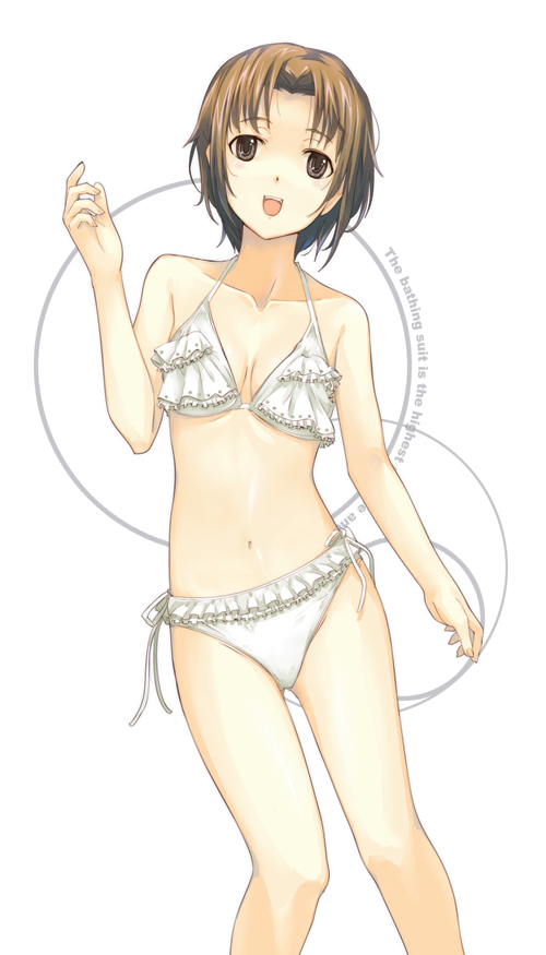 dasoku sentarou, original, bikini, brown eyes, brown hair, frilled bikini, frills, halterneck, short hair, side-tie bikini bottom, simple background, solo, swimsuit, white background, white bikini