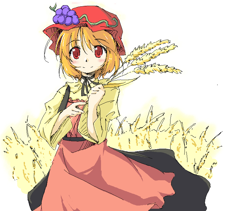 takoyaki1116, takoyaki (takoyaki-batake), aki minoriko, touhou, eyebrows, 1girl, apron, black ribbon, black skirt, blonde hair, blush, female focus, food, food-themed hair ornament, fruit, grapes, hair ornament, hat, long sleeves, mob cap, neck ribbon, orange hair, red eyes, red hat, ribbon, shirt, short hair, skirt, smile, solo, wheat, white background, wide sleeves, yellow shirt