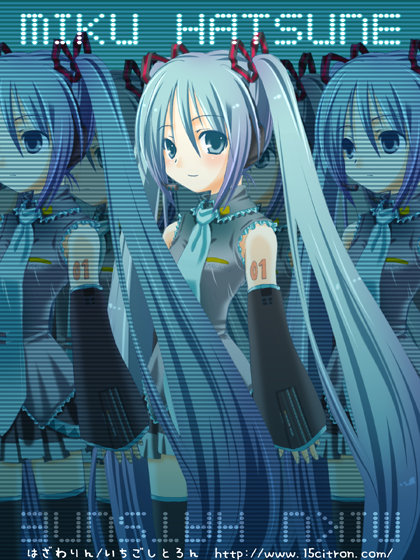 15citron, hatsune miku, vocaloid, 1girl, blue hair, long hair, thighhighs, very long hair