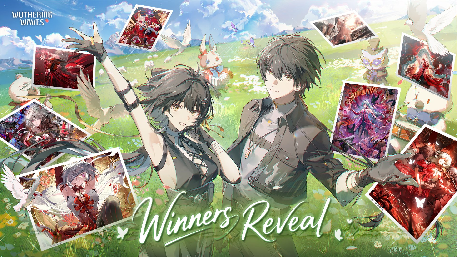 female rover (wuthering waves), male rover (wuthering waves), rover (wuthering waves), wuthering waves, commentary, english commentary, highres, official art, arm up, armpits, black dress, black hair, black jacket, closed mouth, collared jacket, cross-laced clothes, cross-laced dress, dress, dual persona, elbow pads, english text, gloves, grey shirt, hair between eyes, hair ribbon, hand up, jacket, looking at viewer, open mouth, partially fingerless gloves, ribbon, shirt, sleeveless, sleeveless dress, sleeves rolled up, smile, tacet discord (wuthering waves), yellow eyes, yellow ribbon