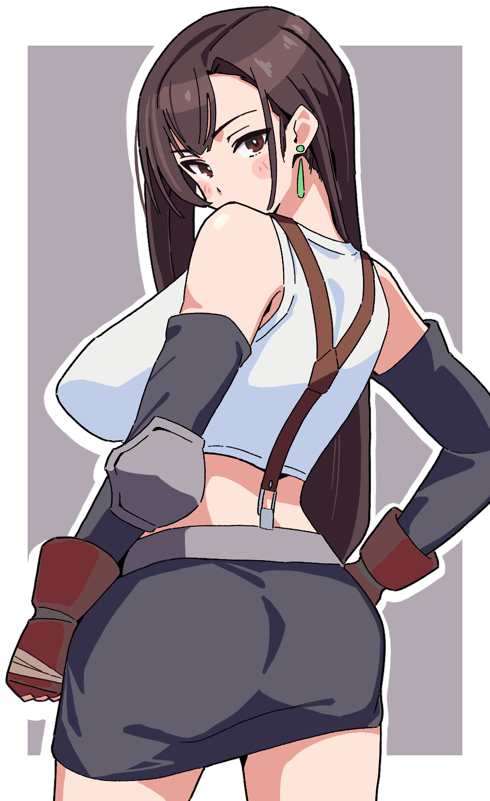 noyama takenoko, tifa lockhart, final fantasy, final fantasy vii, commentary, highres, 1girl, bare shoulders, black skirt, blush stickers, breasts, brown eyes, brown hair, cowboy shot, earrings, elbow gloves, elbow pads, from behind, gloves, grey background, hand on own hip, jewelry, large breasts, long hair, looking at viewer, looking back, midriff, miniskirt, outline, shirt, simple background, skirt, sleeveless, sleeveless shirt, solo, suspender skirt, suspenders, very long hair, white outline
