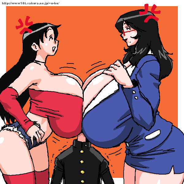 red legwear, aliasing, artist request, copyright request, 1boy, 2girls, ^ ^, anger vein, angry, arm warmers, asphyxiation, asymmetrical docking, bare shoulders, between breasts, black hair, blue skirt, border, breast press, breast smother, breast suppress, breasts, choker, closed eyes, competition, cowboy shot, curvy, cutoffs, denim, denim shorts, detached sleeves, face to breasts, formal clothes, gakuran, gigantic breasts, glasses, head between breasts, long hair, midriff, miniskirt, mole, mole under mouth, motion lines, multiple breast smother, multiple girls, no bra, office lady, open mouth, orange background, outside border, red-framed eyewear, red sleeves, school uniform, short shorts, shorts, skirt, skirt suit, smile, smirk, smother, standing, strapless, suit, symmetrical docking, thighhighs, trembling, tube top, watermark, web address, white border