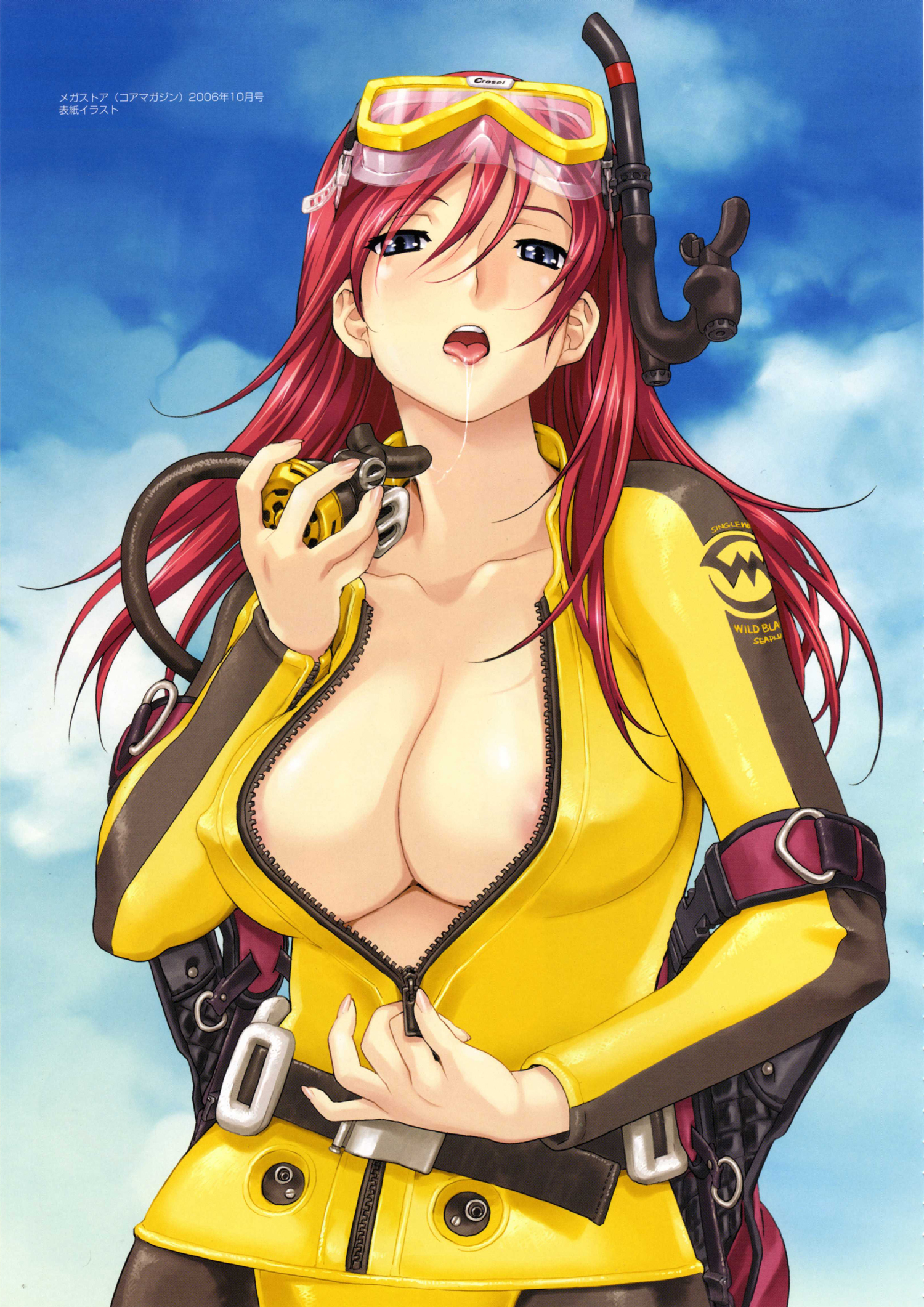 happoubi jin, iihara nao, boin, sweet body, artbook, highres, scan, 00s, 1girl, 2006, areola slip, bikini, blue eyes, blush, bodysuit, breasts, breasts squeezed together, center opening, cleavage, cloud, collarbone, covered erect nipples, diving mask, diving mask on head, diving regulator, diving suit, female focus, fingernails, frills, goggles, goggles on head, hip focus, huge breasts, large breasts, lips, long hair, open bodysuit, open clothes, open mouth, pink hair, red hair, saliva, saliva trail, scuba, sky, snorkel, solo, standing, swimsuit, tongue, tongue out, unzipping, wetsuit, wide hips, zipper