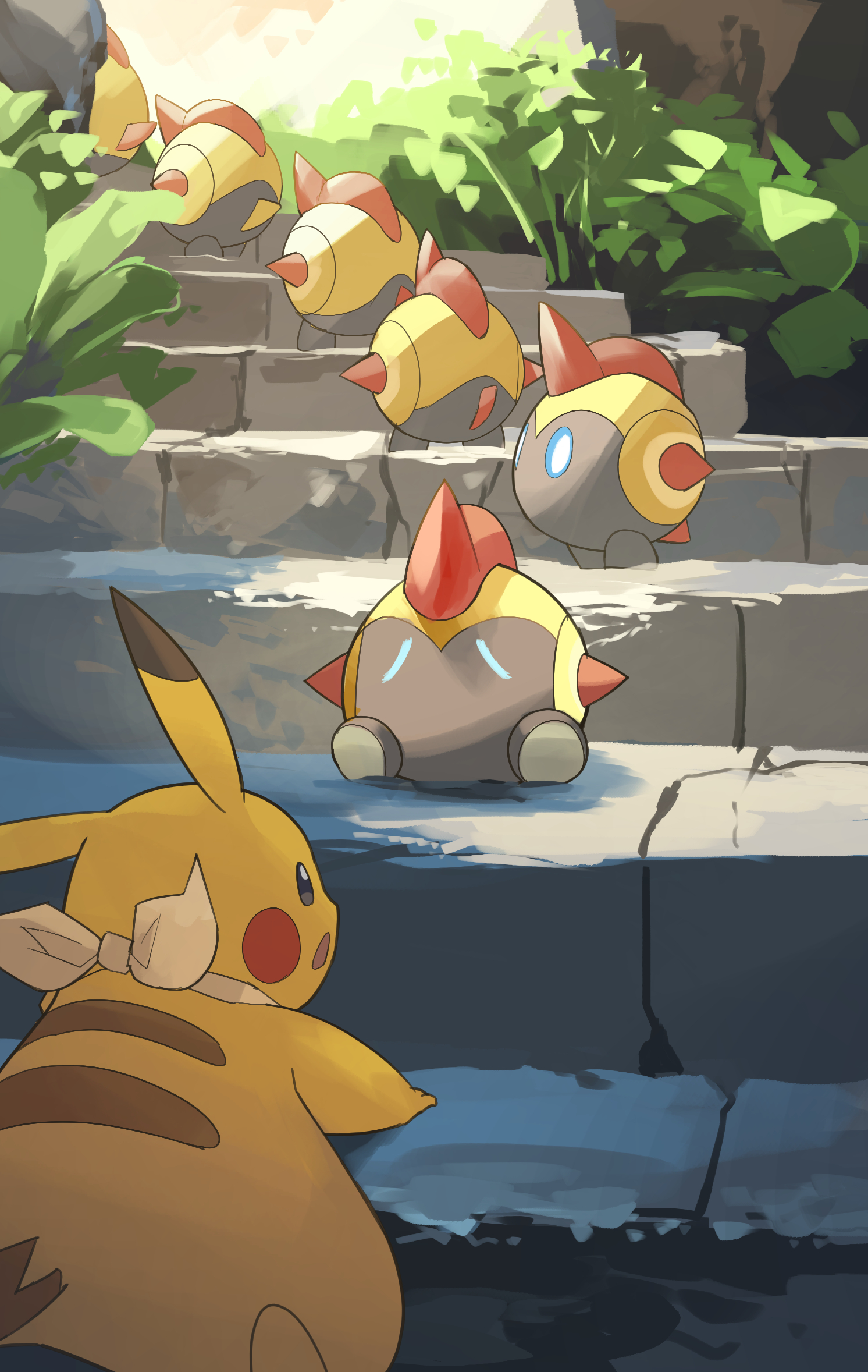 yamaori (hakkentai pokedan), falinks, pikachu, nintendo, pokemon, highres, bandana, bandana around neck, blue eyes, exhausted, gen 1 pokemon, gen 8 pokemon, marching, no humans, open mouth, outdoors, plant, pokemon (creature), pokemon focus, sitting, sphere body, stairs, white bandana