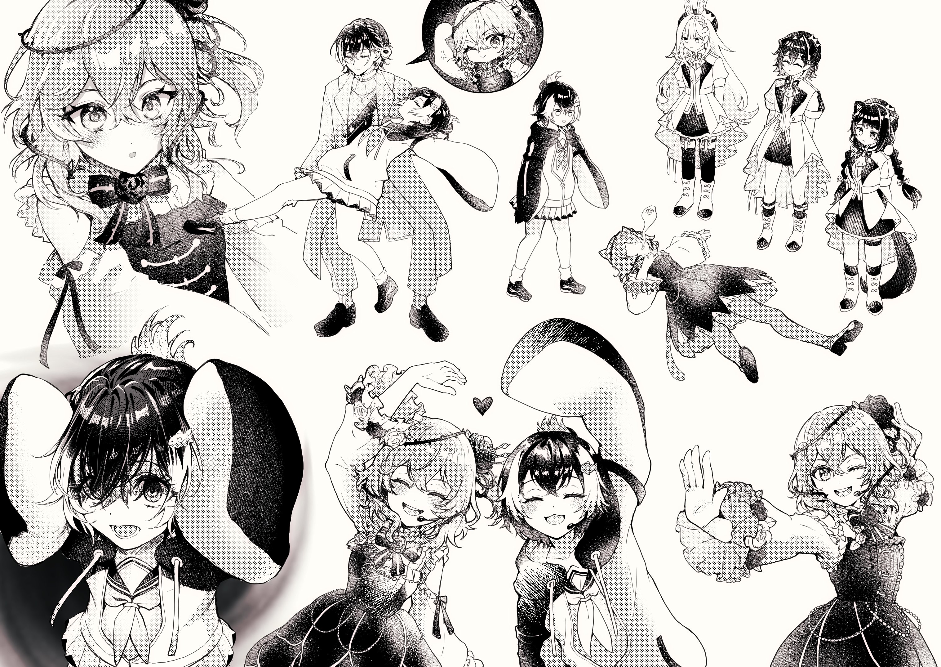 jin (pineeeapple), ange katrina, inui toko, lize helesta, petra gurin, petra gurin (1st costume), rosemi lovelock, rosemi lovelock (1st costume), nijisanji, nijisanji en, obsydia (nijisanji), highres, 1boy, 5girls, :d, :o, ;d, animal ears, blush, braid, breasts, dancing, dog ears, dog girl, dog tail, dual persona, fainted, folded ponytail, genderswap, genderswap (ftm), greyscale, hair vines, heart, heart hands, heart hands duo, long hair, looking at viewer, low twin braids, medium hair, monochrome, multiple girls, one eye closed, open mouth, rabbit ears, sanbaka (nijisanji), selfcest, short hair, side ponytail, small breasts, smile, tail, thorns, twin braids, virtual youtuber