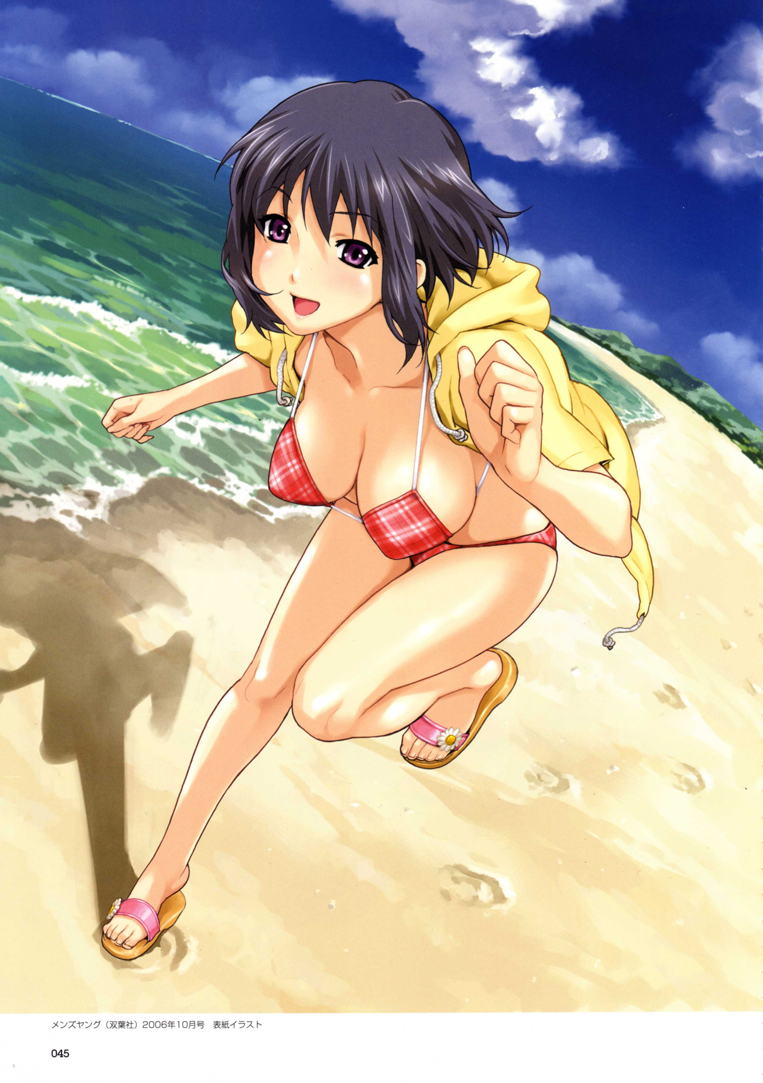 happoubi jin, sweet body, highres, scan, 1girl, beach, bikini, black hair, breasts, caustics, cleavage, dated, day, female focus, fisheye, hair between eyes, hanging breasts, large breasts, mountainous horizon, outdoors, plaid bikini, plaid clothes, purple eyes, red bikini, running, sandals, solo, standing, standing on one leg, summer, swimsuit