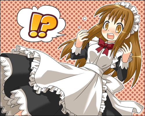 fujisawa kamiya, mashiro yuu, lowres, !?, 1girl, border, brown eyes, brown hair, dress, female focus, genderswap, genderswap (mtf), long hair, orange background, polka dot, polka dot background, solo, speech bubble