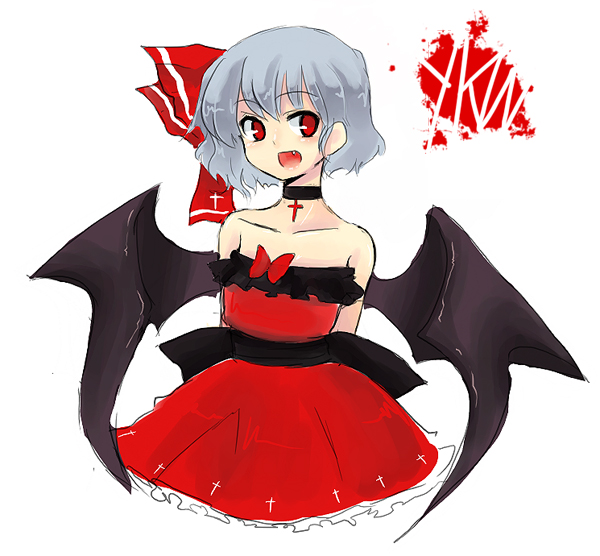 remilia scarlet, touhou, 1girl, alternate costume, bat wings, choker, cowboy shot, cross, cross choker, dress, fang, female focus, simple background, solo, white background, wings