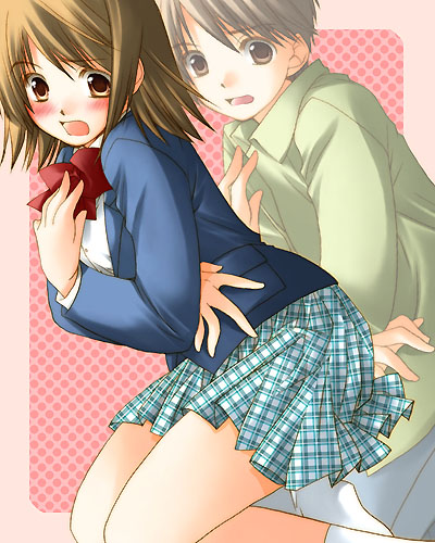 akiyama natsumi, mashiro yuu, gender request, lowres, 1boy, 1girl, blush, bow, brown eyes, brown hair, dual persona, genderswap, necktie, skirt, socks