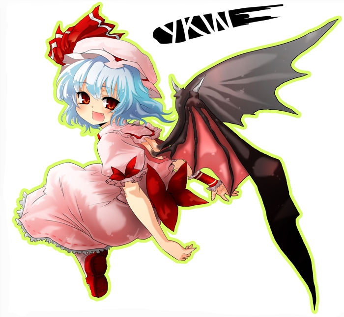 remilia scarlet, touhou, 1girl, bat wings, blue hair, fang, female focus, from side, full body, hat, mob cap, outline, pantyhose, pink pantyhose, red eyes, red shoes, shoes, solo, wings