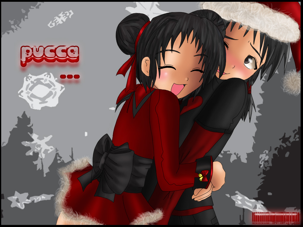 garu (pucca), pucca, pucca (cartoon), 1boy, 1girl, bad anatomy, christmas, hetero, hug, poorly drawn