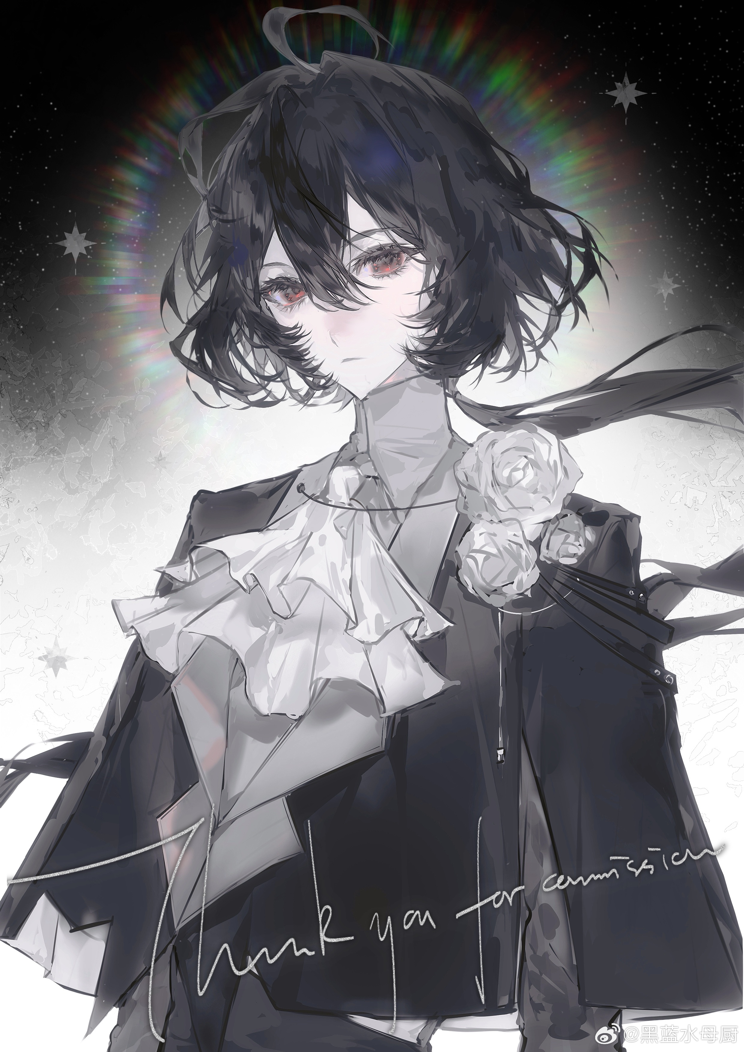 original, absurdres, highres, 1boy, ahoge, ascot, black capelet, black hair, capelet, closed mouth, collared shirt, flower, gradient background, hair between eyes, heilanshuimuchu, long hair, looking at viewer, low ponytail, male focus, ponytail, rainbow, rainbow gradient, rainbow order, red eyes, rose, shirt, upper body, white ascot, white flower, white rose, white shirt