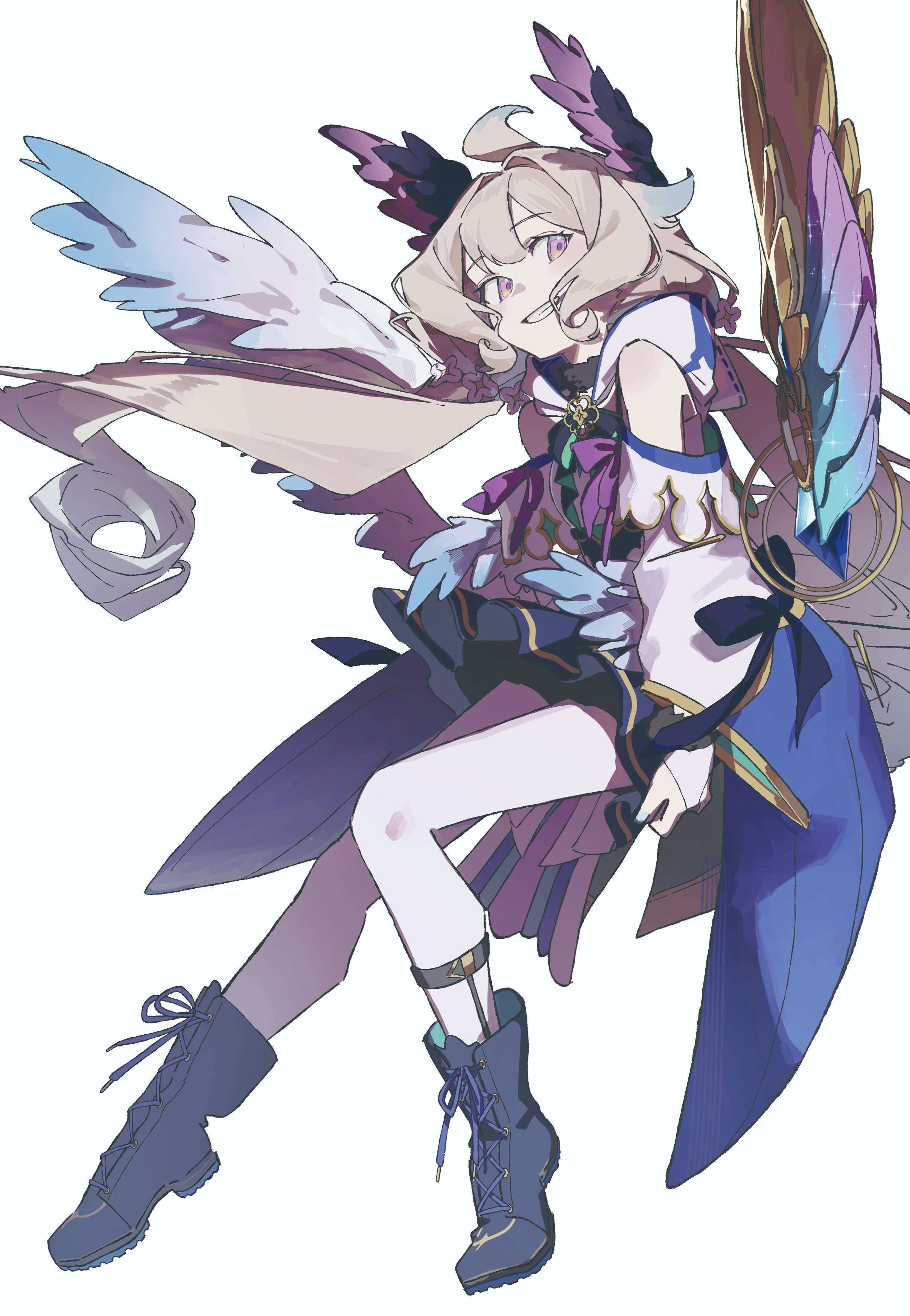 bienbien010, enna alouette, enna alouette (1st costume), nijisanji, nijisanji en, absurdres, commentary, highres, symbol-only commentary, 1girl, ahoge, aqua nails, bird tail, bridal gauntlets, detached sleeves, full body, grin, head wings, hood, hood down, long hair, low twintails, low wings, pantyhose, purple eyes, simple background, smile, solo, tail, twintails, very long hair, virtual youtuber, white background, white pantyhose, wings