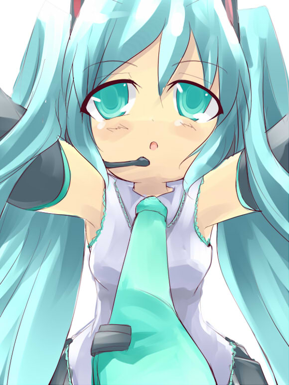 kuro (be ok), hatsune miku, vocaloid, 1girl, aqua hair, female focus, long hair, solo, split mouth, twintails, very long hair